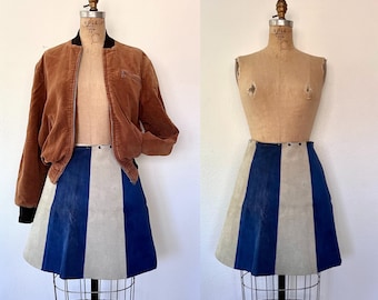 70s suede skirt / vintage suede skirt / University striped leather skirt