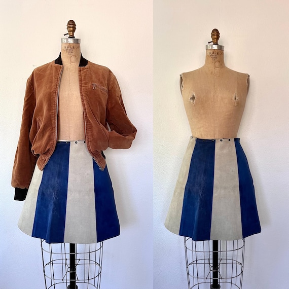 70s suede skirt / vintage suede skirt / University striped leather skirt