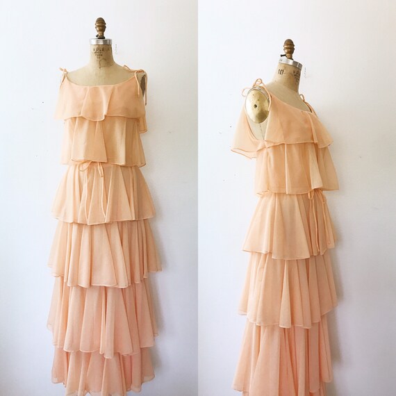 Peach Ruffle dress / Ricasoli dress / 1970s vintag