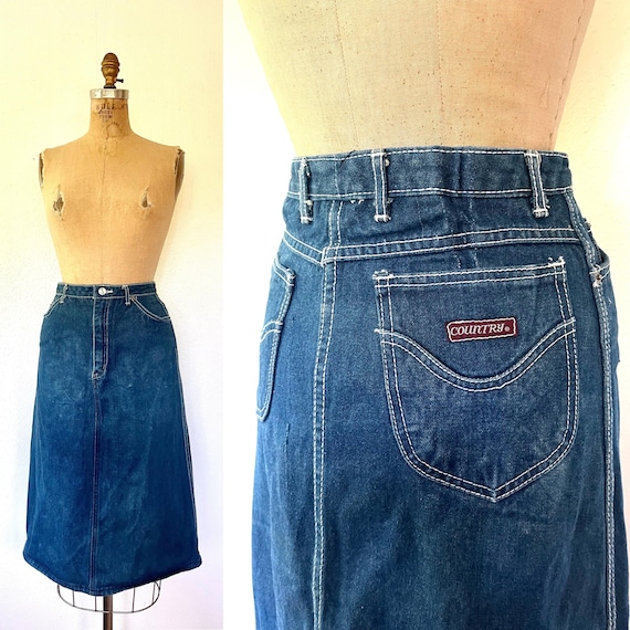 vintage denim skirt / Country label jean skirt / 80s blue jean skirt
