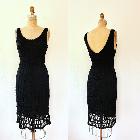 vintage cocktail dress / little black dress / 90s Lace Tape dress