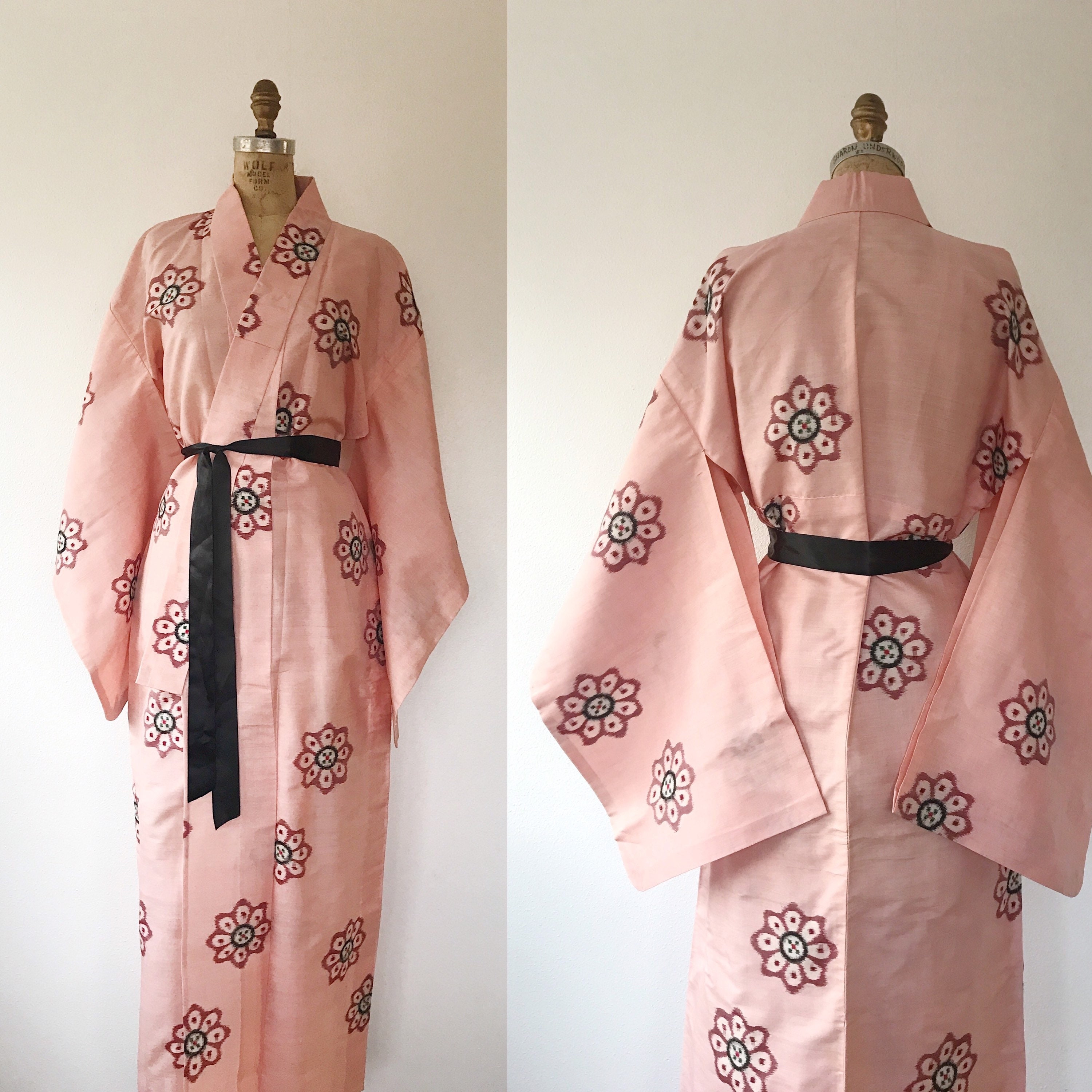 Antique Silk Kinsha Kimono / Classic Old Books and Flowers