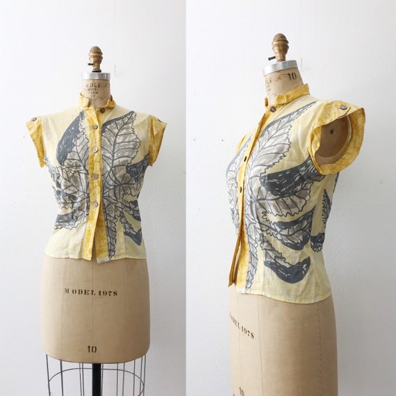 50s vintage blouse / 50s cotton blouse / Yellow Sc