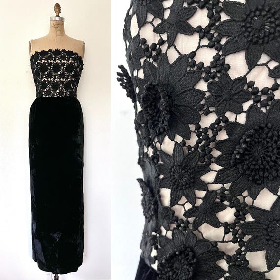couture lace dress / vintage 60s dress / velvet evening dress
