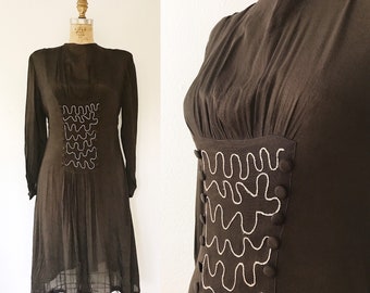 1930s dress / 30s Chocolate silk dress / Soutache Landscape dress