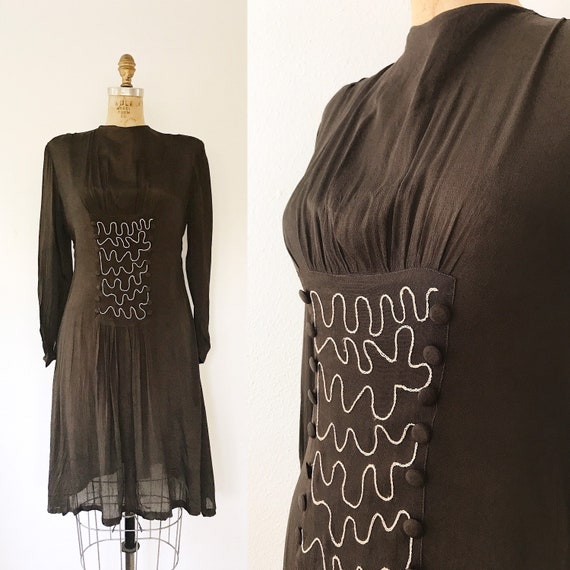 1930s dress / 30s Chocolate silk dress / Soutache Landscape dress