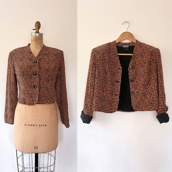 vintage silk jacket / houndstooth silk print / cropped silk jacket