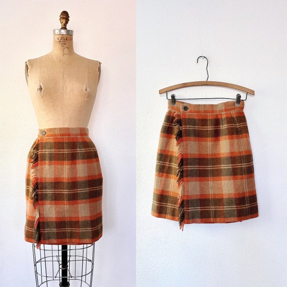 wool fringe skirt / orange plaid skirt / vintage w