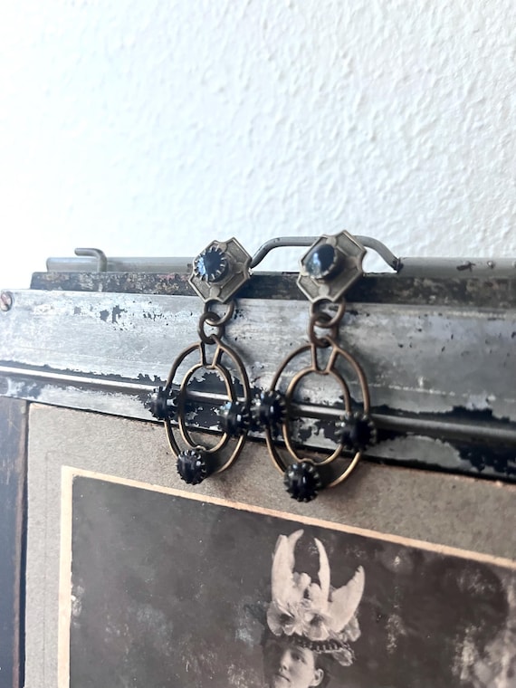 Art Deco earrings / brass earrings / Enamel & brass drop earrings