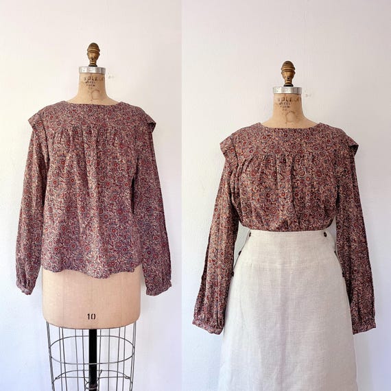 vintage cotton blouse / floral blouse / pullover block print blouse