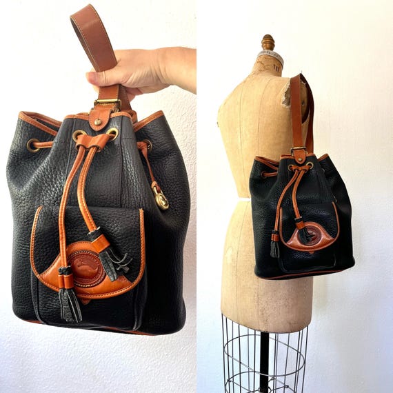 Dooney and Bourke bag/ vintage drawstring purse / Green leather bucket bag