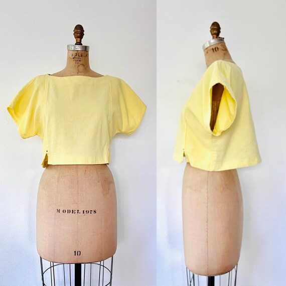 vintage 80s blouse / yellow cotton blouse / cropped LA blouse