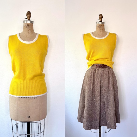 vintage knit vest / yellow sweater vest / 70s sweater vest
