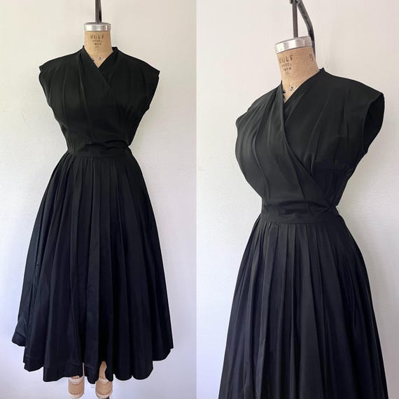 1950s vintage dress / vintage black taffeta dress / Henry Rosenfeld dress