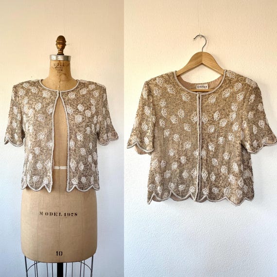 SALE floral beaded blouse / vintage silk jacket / pearl beaded blouse