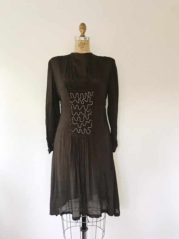 1930s dress / 30s Chocolate silk dress / Soutache… - image 4