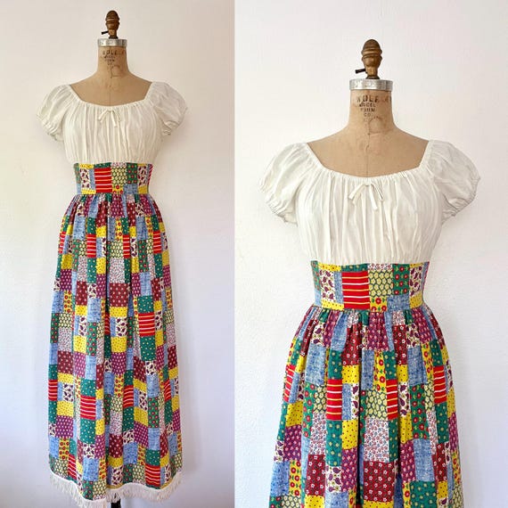 vintage cotton dress / 60s maxi dress / Patchwork print dress