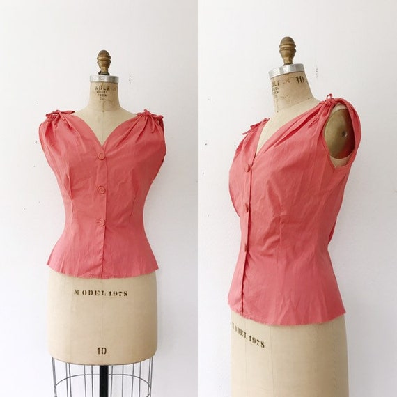 1950s vintage blouse / 50s cotton blouse / Coral c