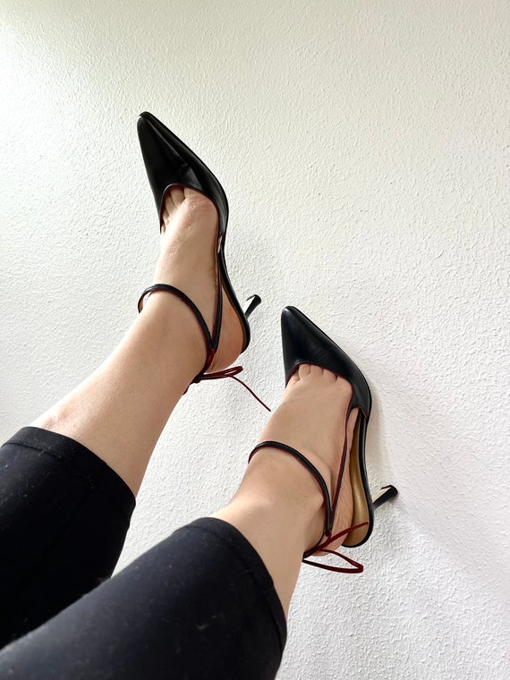 black leather heels / ankle lace up heels / pointed toe heels