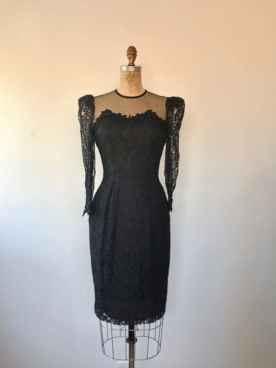 black cocktail dress / black lace dress / 80s lac… - image 2