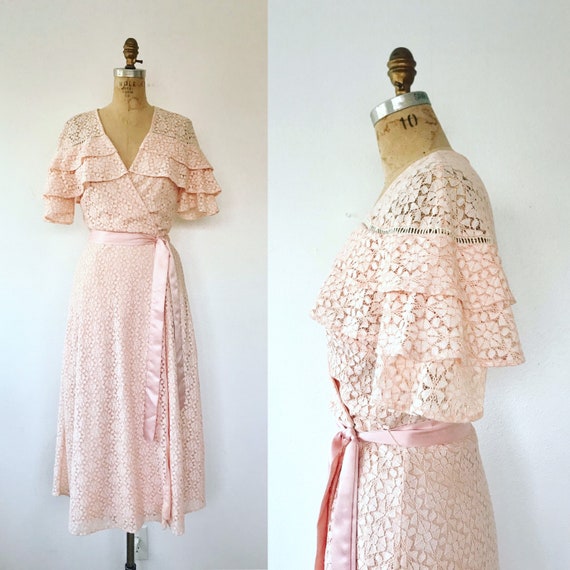 peach lace dress / cotton floral lace dress / Lace wrap dress