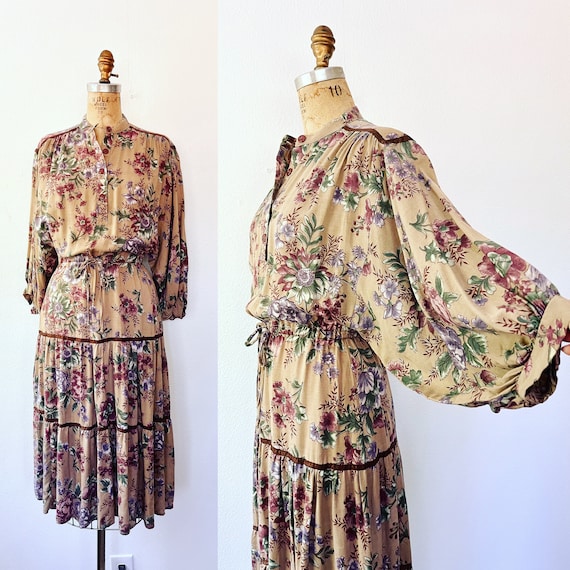 70s floral print dress / vintage cotton dress / Autumn Fields dress