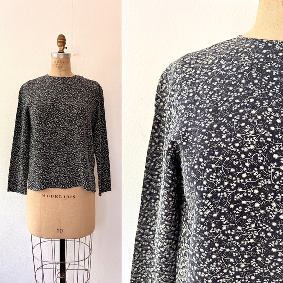 vintage silk blouse / navy silk blouse / floral si