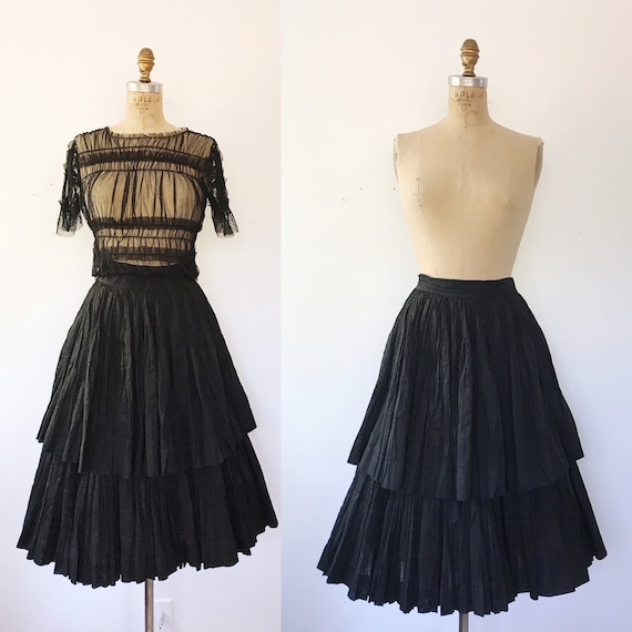 50s black cotton skirt / vintage ruffled skirt / T