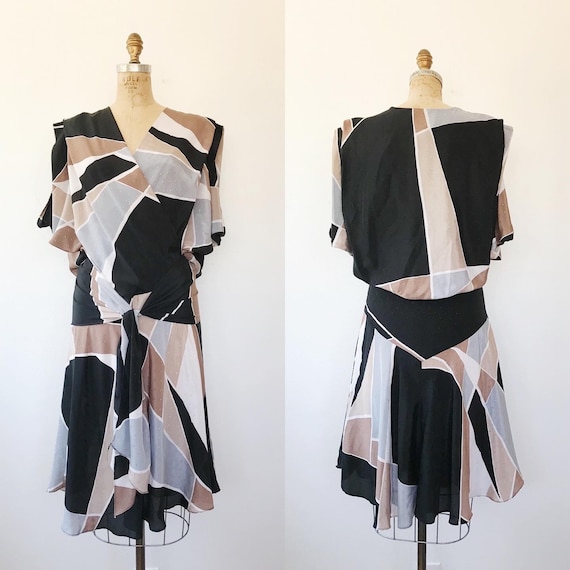 80s vintage dress / vintage surplice dress / Origami tie dress