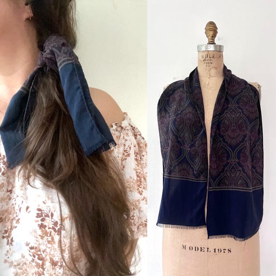 vintage silk scarf / Paisley silk scarf / Navy silk scarf