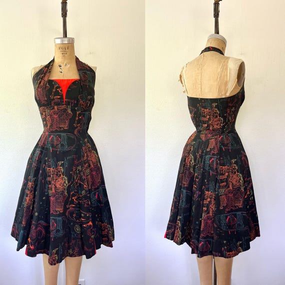 1950s halter dress / 1950s party dress / Vincent Malta "The Iliad" dress