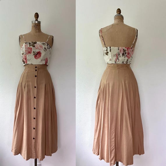 safari brown rayon skirt / pleated midi skirt / Perfect Season skirt