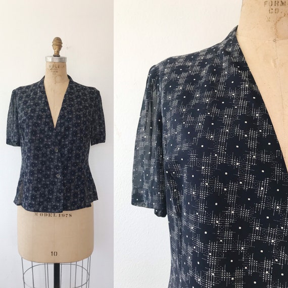 navy dress blouse / vintage surplice blouse / 90s… - image 1