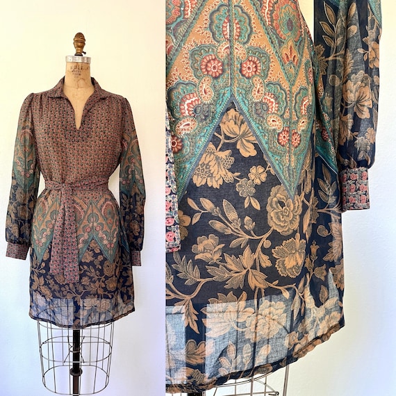 pullover cover-up dress / 70s tunic dress / Suzani print dress