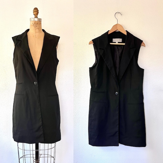 vintage black vest / mini tunic dress / 90s black waistcoat