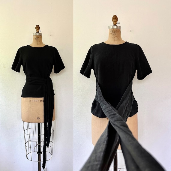 linen wrap blouse / modern linen blouse / black wrap blouse