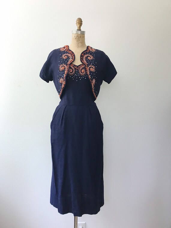 Moygashel dress / 1950s dress / beaded navy linen dress