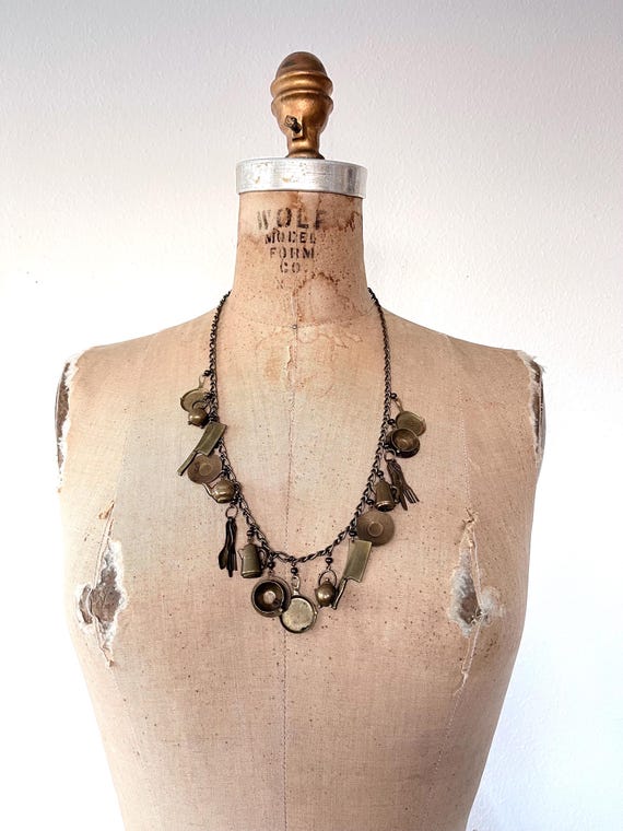 vintage charm necklace / brass kitchenware pendants / brass chain & charm necklace