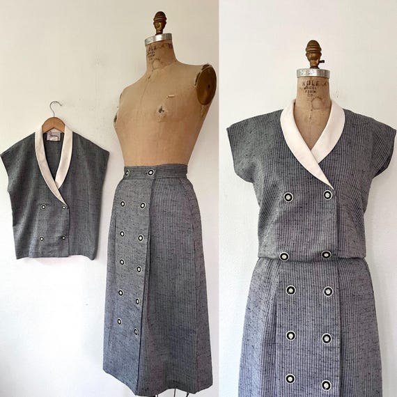 80s vintage dress / striped two-piece dress / 1980s sailor dress