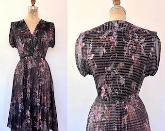 70s pleated dress / vintage 70s dress / sheer floral dress
