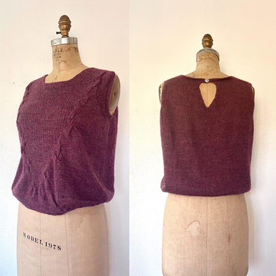 70s hand knit sweater/ vintage plum pullover / ribbed sweater vest