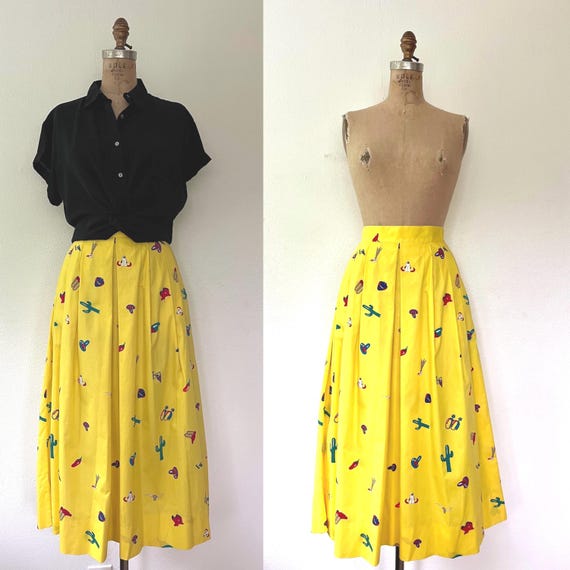 vintage yellow skirt / 80s novelty print skirt / Texas cotton skirt