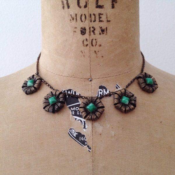 1940s necklace / Brass & Jade necklace / Evergreen Necklace