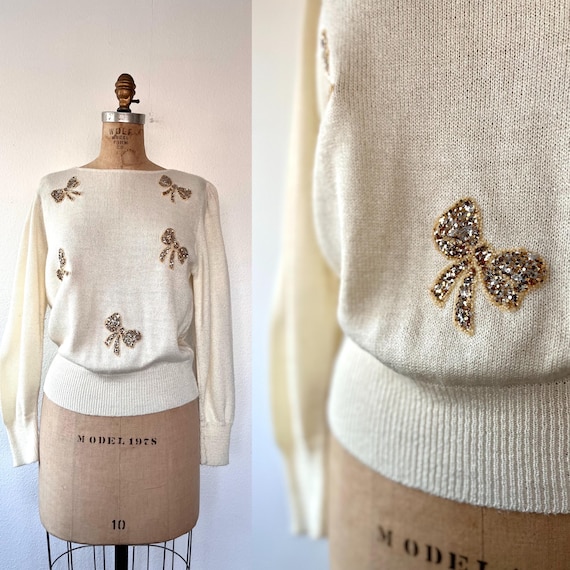 80s sweater / vintage knit sweater / sequin bow sweater