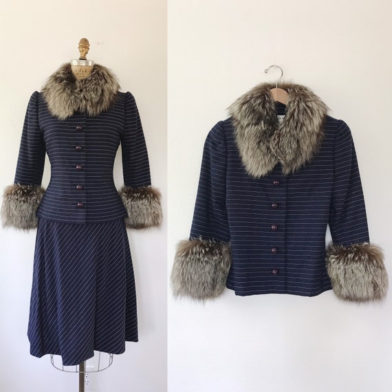 Winter dress suit / navy wool suit / Fur Collar suit
