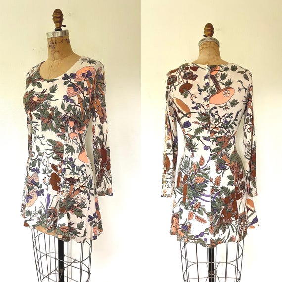 70s boho dress / vintage mushroom print dress / foraging dress