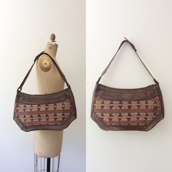 70s leather purse / leather & textile purse / Desert Horizon leather bag