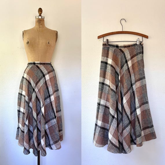 vintage plaid skirt / 70s woven skirt / brown plaid skirt