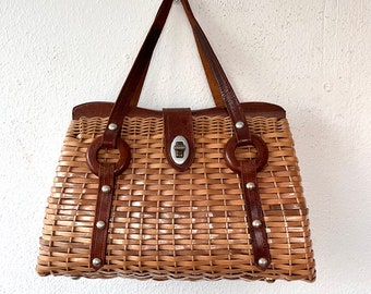 1950s woven bag / vintage basket purse / leather & woven basket purse