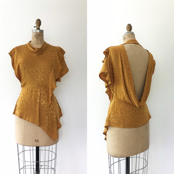 modern ruffle blouse / open-back blouse / Golden Leopard blouse